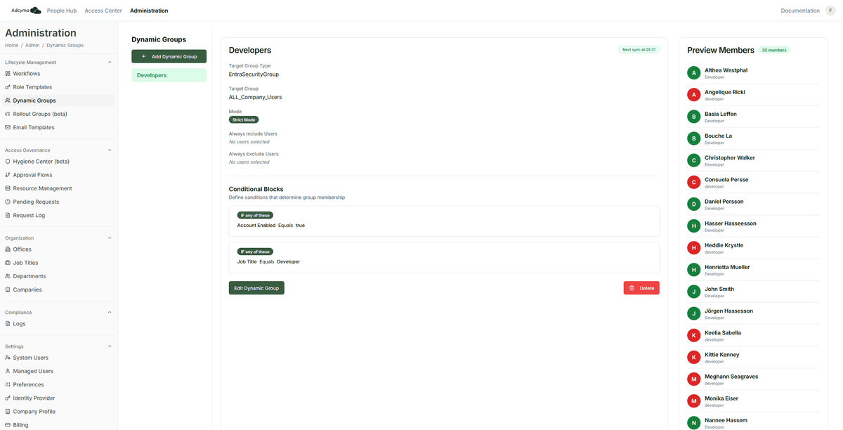 Adcyma dynamic groups configuration showing attribute-based rules for automatic Entra ID and Active Directory group membership