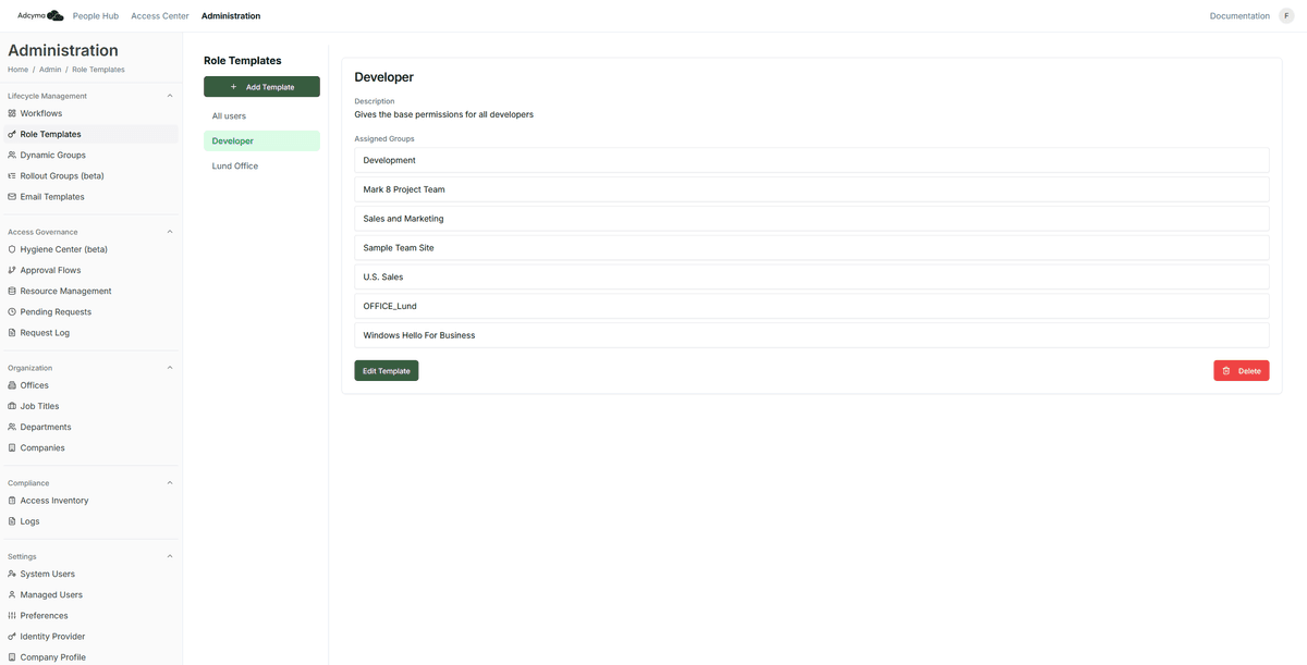 Adcyma access profiles showing role-based permission bundles for Entra ID and Active Directory groups